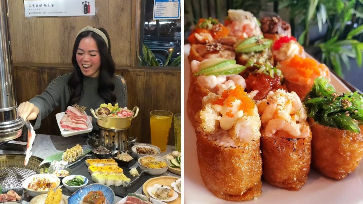 A woman placing meat on a grill with various dishes on the table. Right: Colourful sushi rolls on a plate.