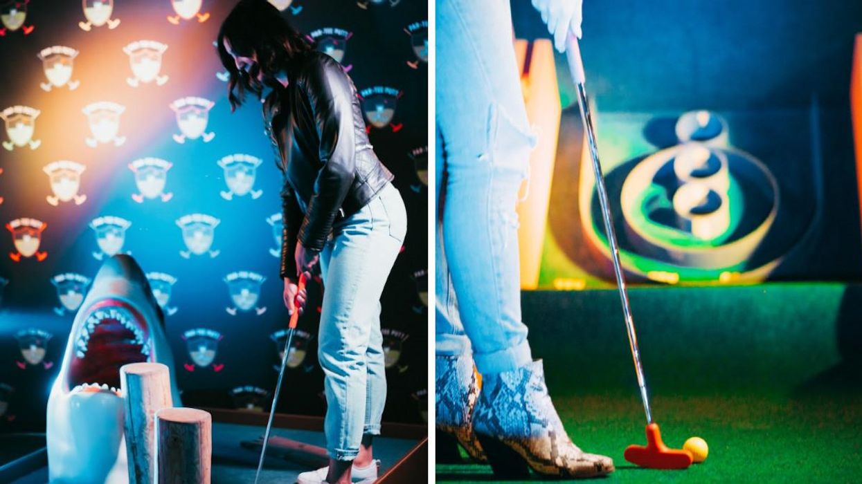 A woman playing mini golf at PAR-TEE PUTT.