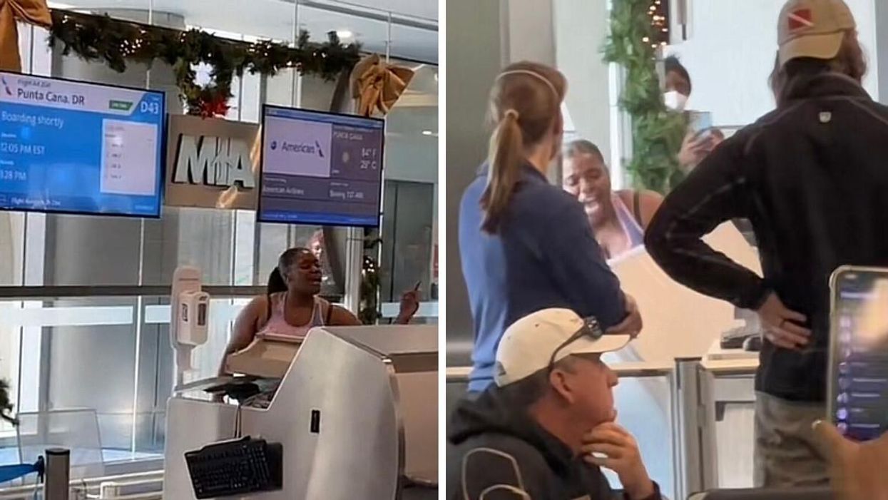 A woman pointing her finger behind an airport counter in Miami, FL. Right: A woman throwing airport equipment in Miami, FL.