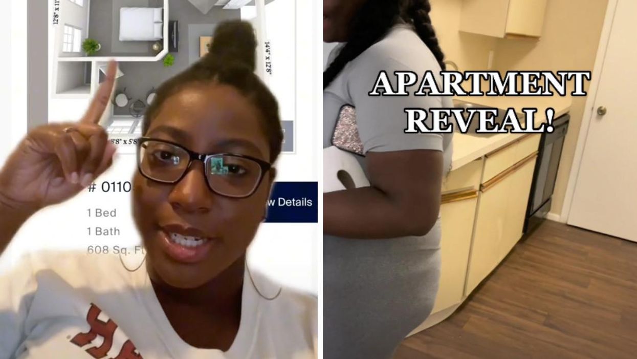 A woman pointing to an apartment listing. Right: A screenshot of a TikTok captioned 'apartment reveal.'