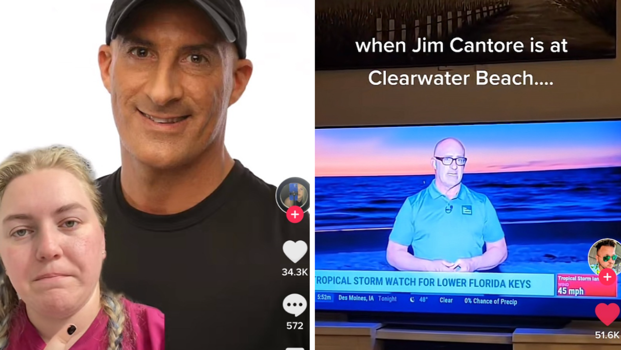A woman pointing to an image of Jim Cantore on TikTok. Right: Jim Cantore on the television for the Hurricane.