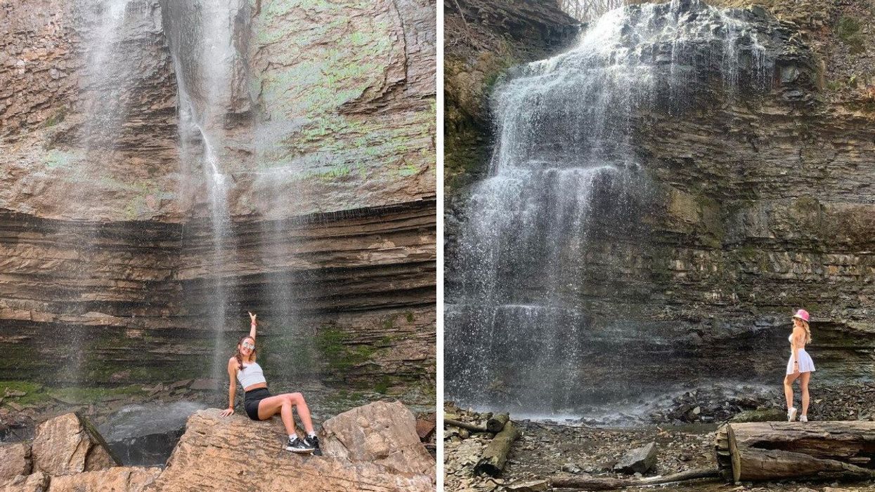 A woman poses at Tew Falls. Right: A woman stand by Tiffany Falls.