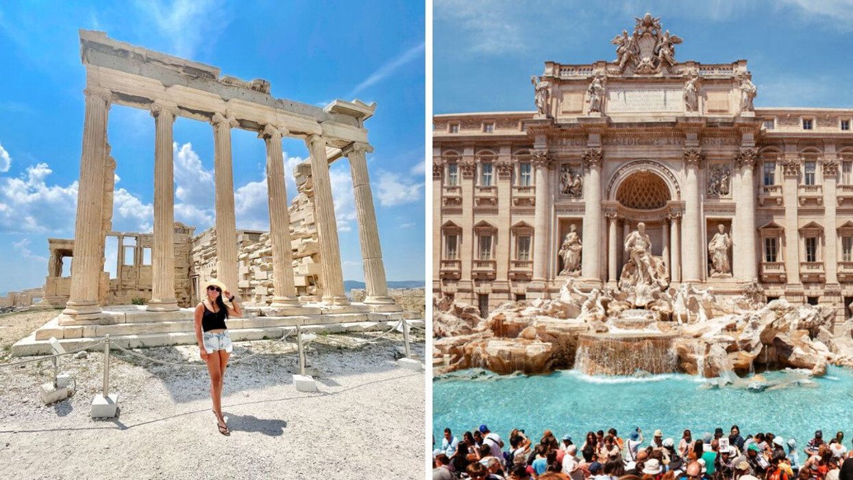A woman poses at the Acropolis in Greece. Right: Tourists gather at the Trevi Fountain in Italy.