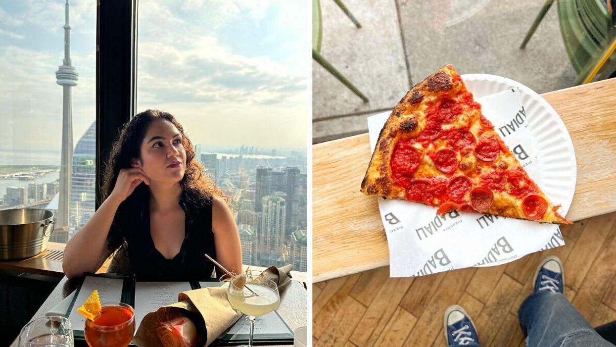 A woman poses in a restaurant, in the background is a beautiful cityscape. Right: A giant slice of pizza on a paper plate.