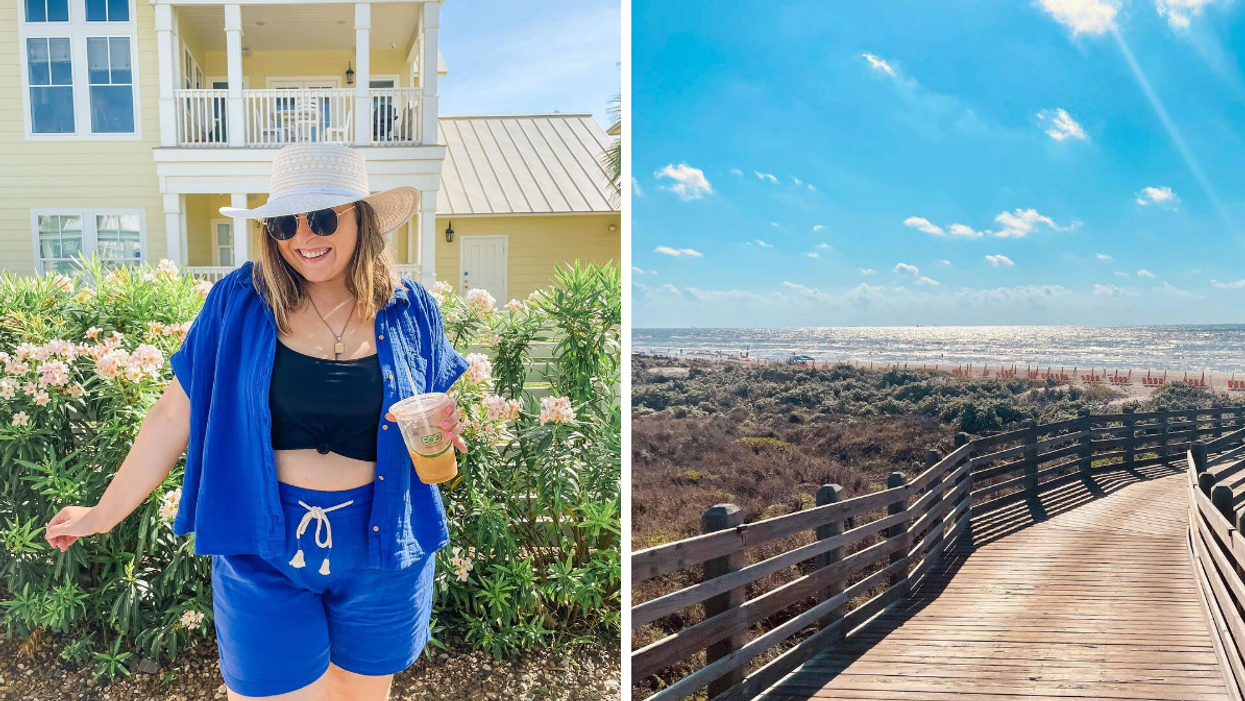 A woman poses in front of a Cinnamon Shore vacation rental. Right: One of the boardwalks at Cinnamon Shore.