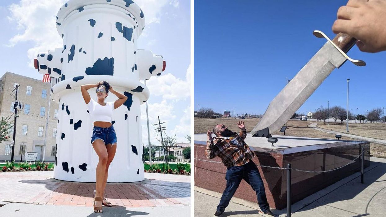A woman poses in front of the World's Largest Working Water Fountain. Right: A man poses in front of the World's Largest Bowie Knife.