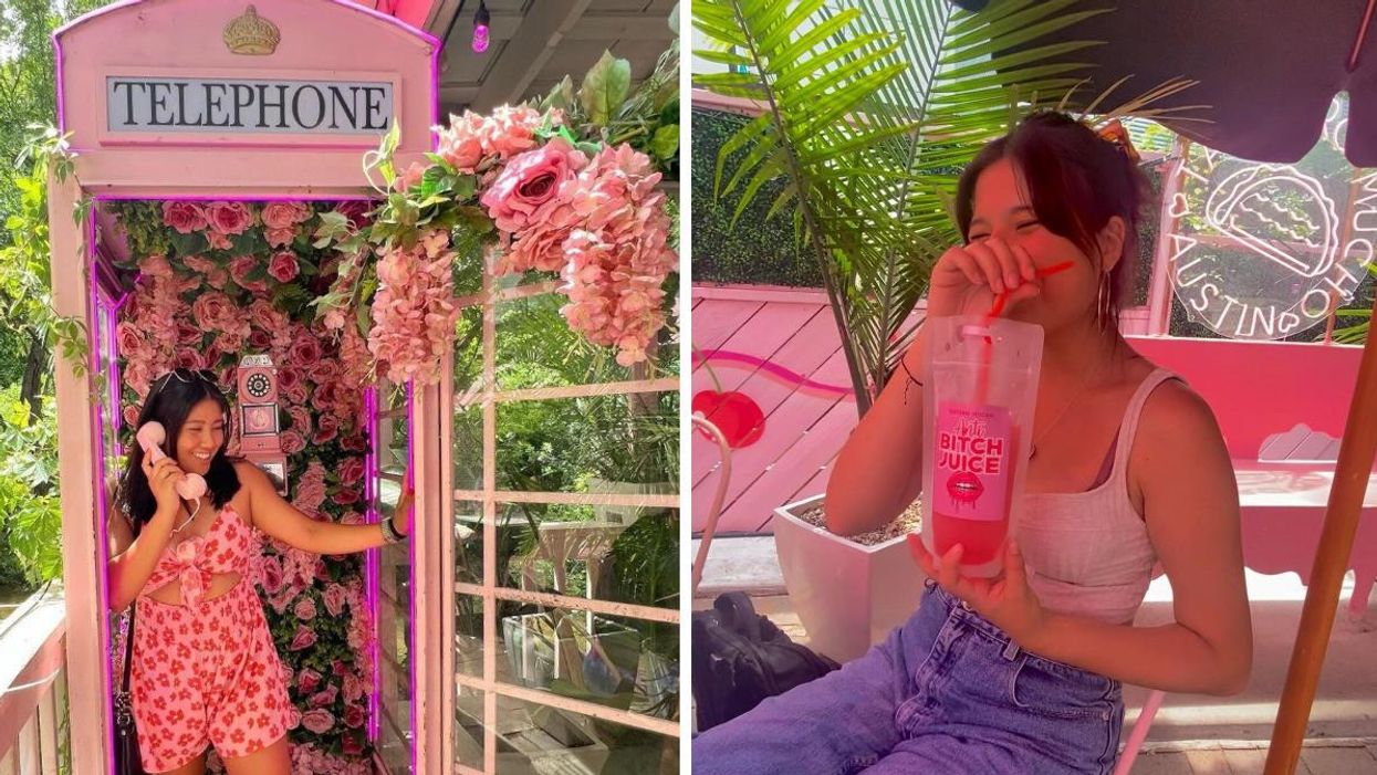 A woman poses in one of the phone booths at Taquero Mucho. Right: A woman poses with Anti B*tch Juice at Taquero Mucho.