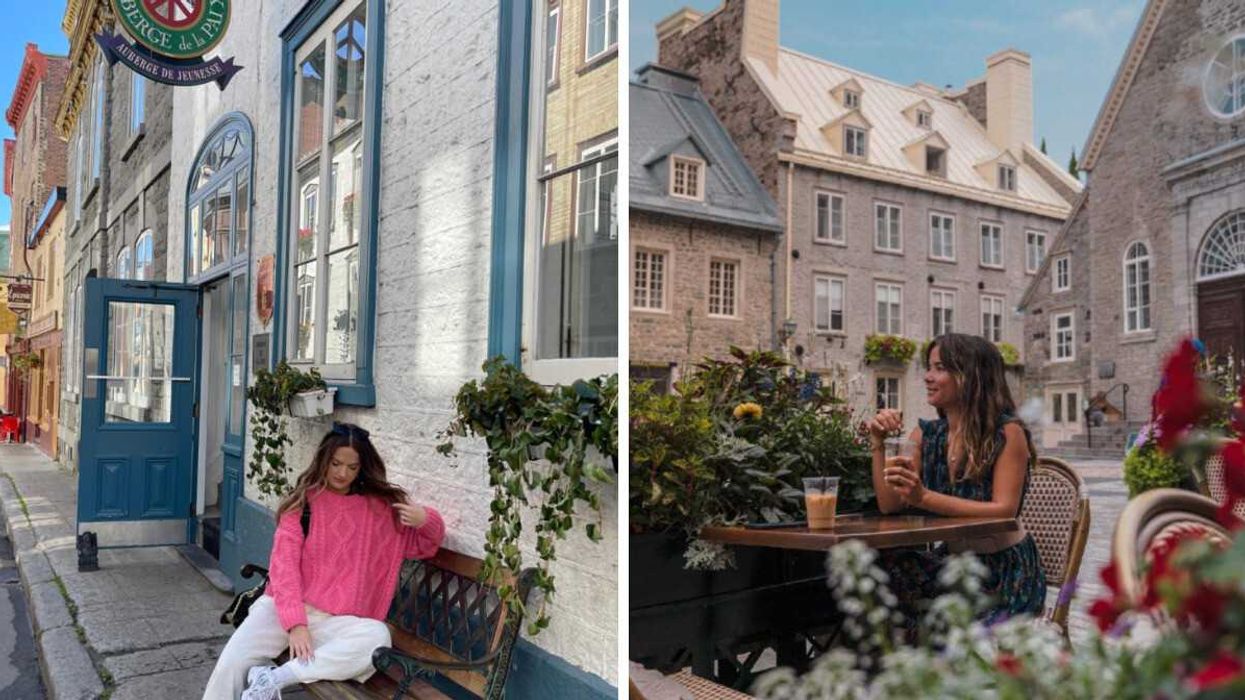 A woman poses in Quebec City. Right: A woman sits at a table, surrounded by cobblestone buildings and flowers.