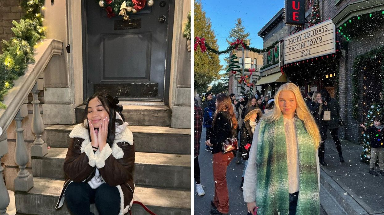 A woman poses on New York-inspired step. Right: Someone standing on a street.