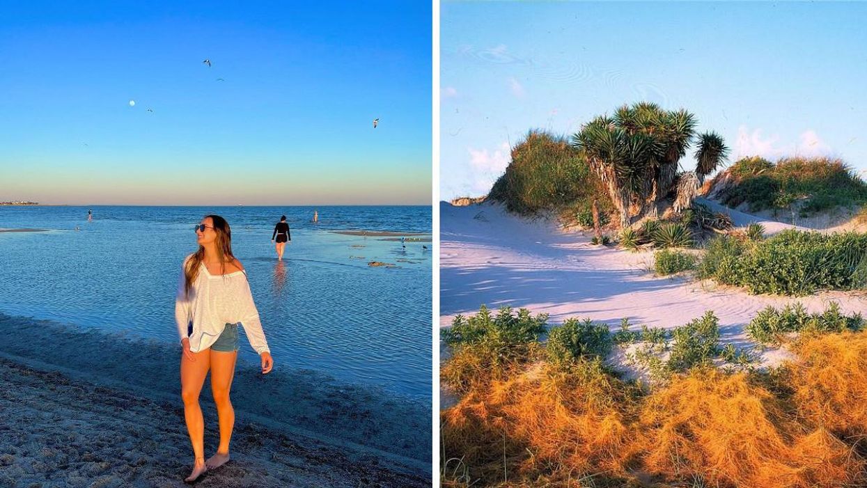A woman poses on Rockport Beach. Right: Sand dunes and vegetation at Matagorda Bay Nature Park.