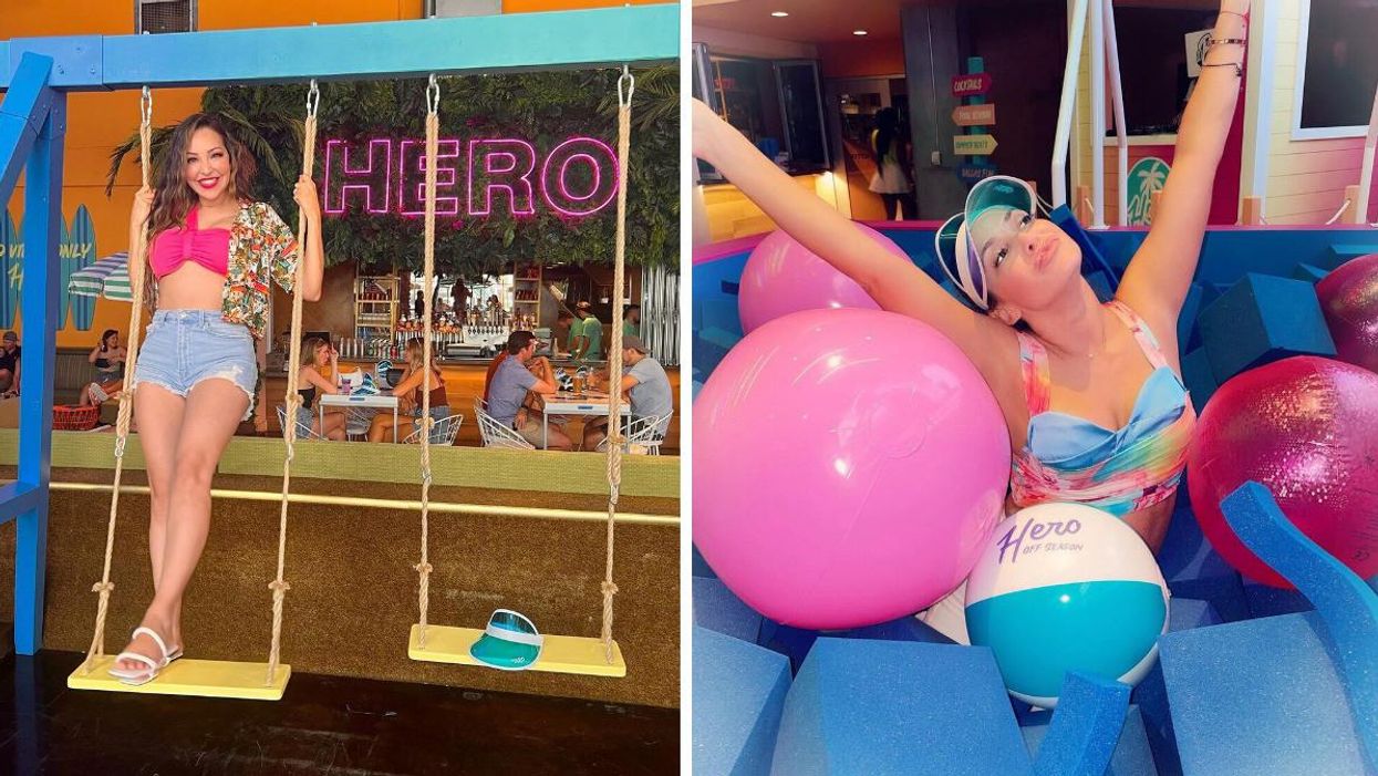 A woman poses on the swing set at Hero Off Season. Right: A woman poses in the foam pit "pool" at Hero Off Season.