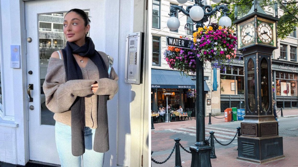 A woman poses outside an apartment door. Right: The steam clock in Gastown, Vancouver.