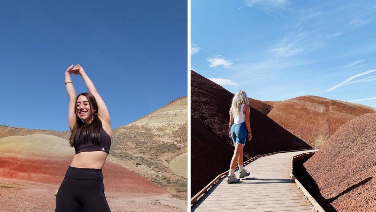A woman poses with her hands in the air in front of Painted Hills. Right: A woman wearing denim shorts walks a wooden path at Painted Hills.