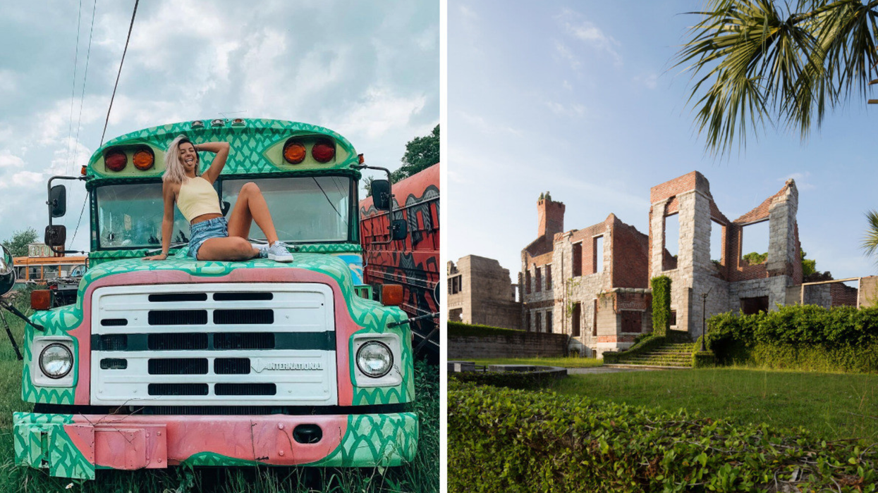 A woman posing at School Bus Graveyard. Right: Dungeness ruins on Cumberland Island.