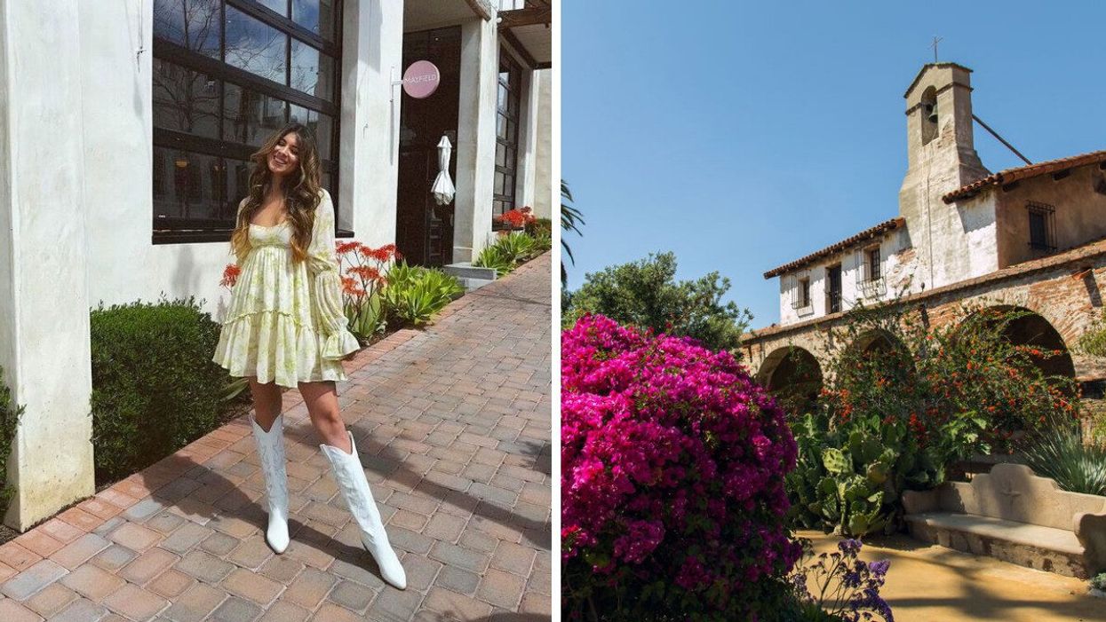 A woman posing for a photo in San Juan Capistrano, CA. Right: Mission San Juan Capistrano in California.