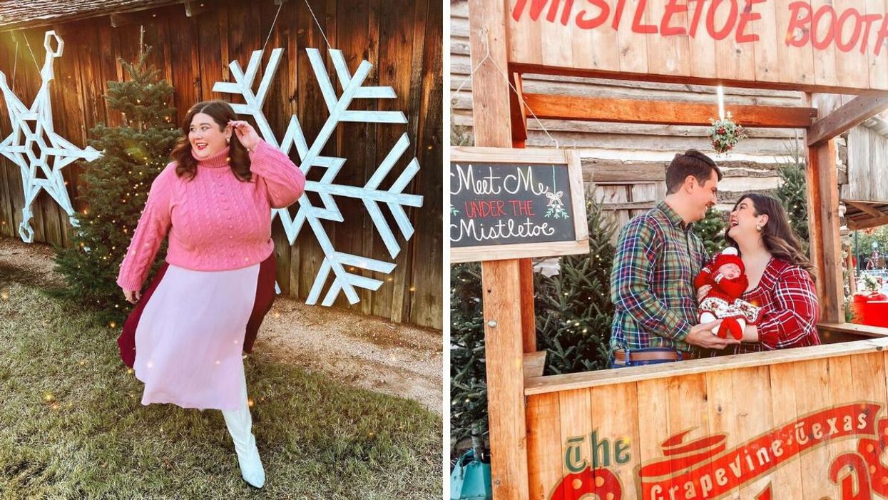 A woman posing in front of Christmas decorations installed in Grapevine, TX. Right: A family inside a "mistletoe booth" in Grapevine, TX.
