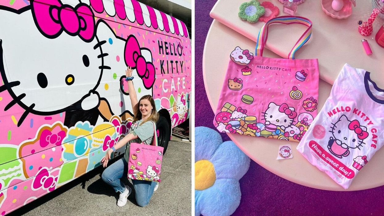 A woman posing in front of the Hello Kitty Cafe Truck with a Hello Kitty tote bag. Right: Hello Kitty Cafe Truck items..