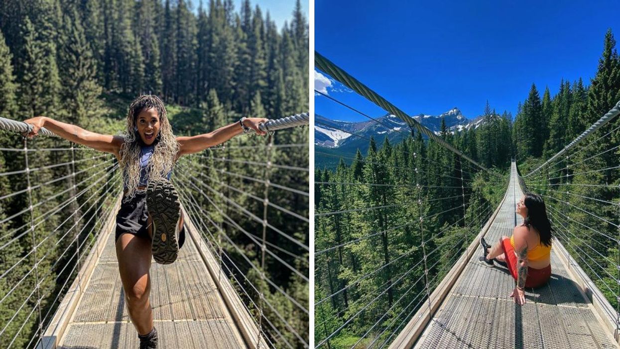 A woman posing on the Blackshale Suspension Bridge. Right: A woman looking at the view from the bridge.