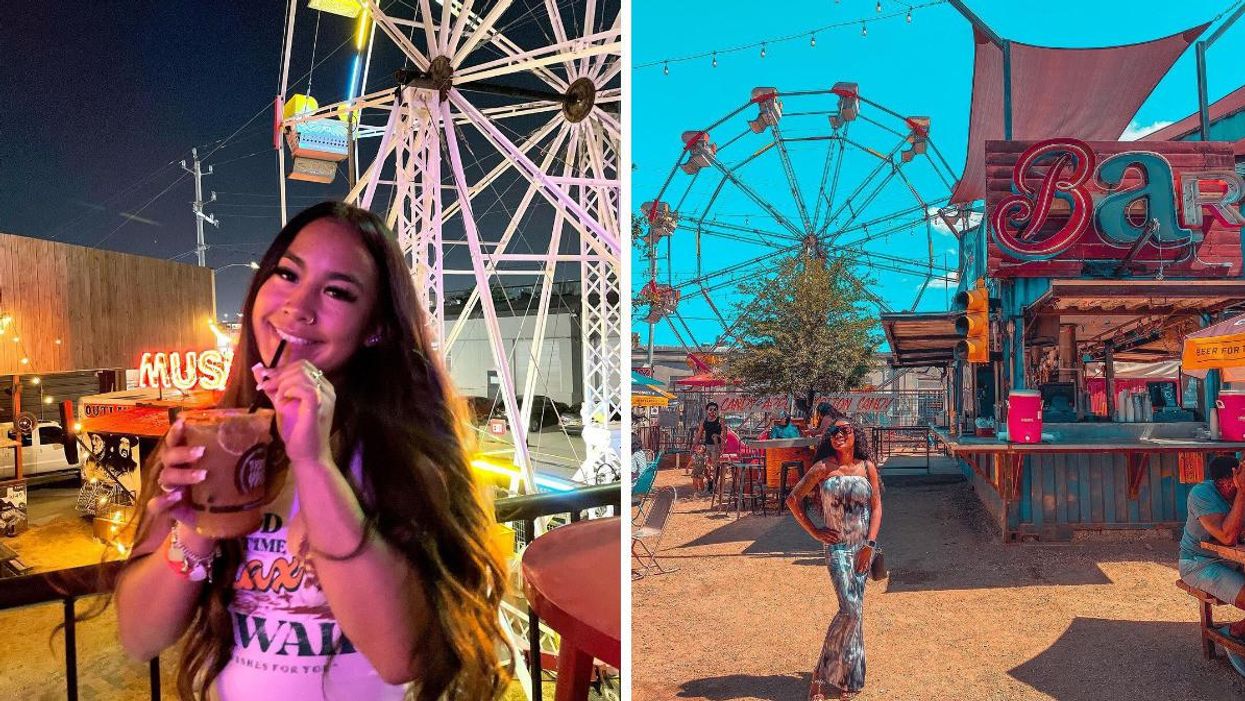 A woman posing with a cocktail in front of the lit-up Ferris wheel at Truck Yard. Right: A woman posing by the bar and Ferris wheel at Truck Yard.