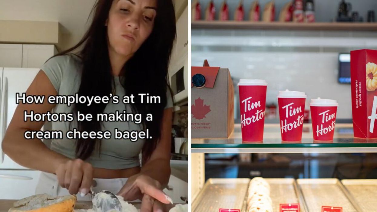 A woman puts cream cheese on a bagel. Right: Tim Hortons cups in a store.