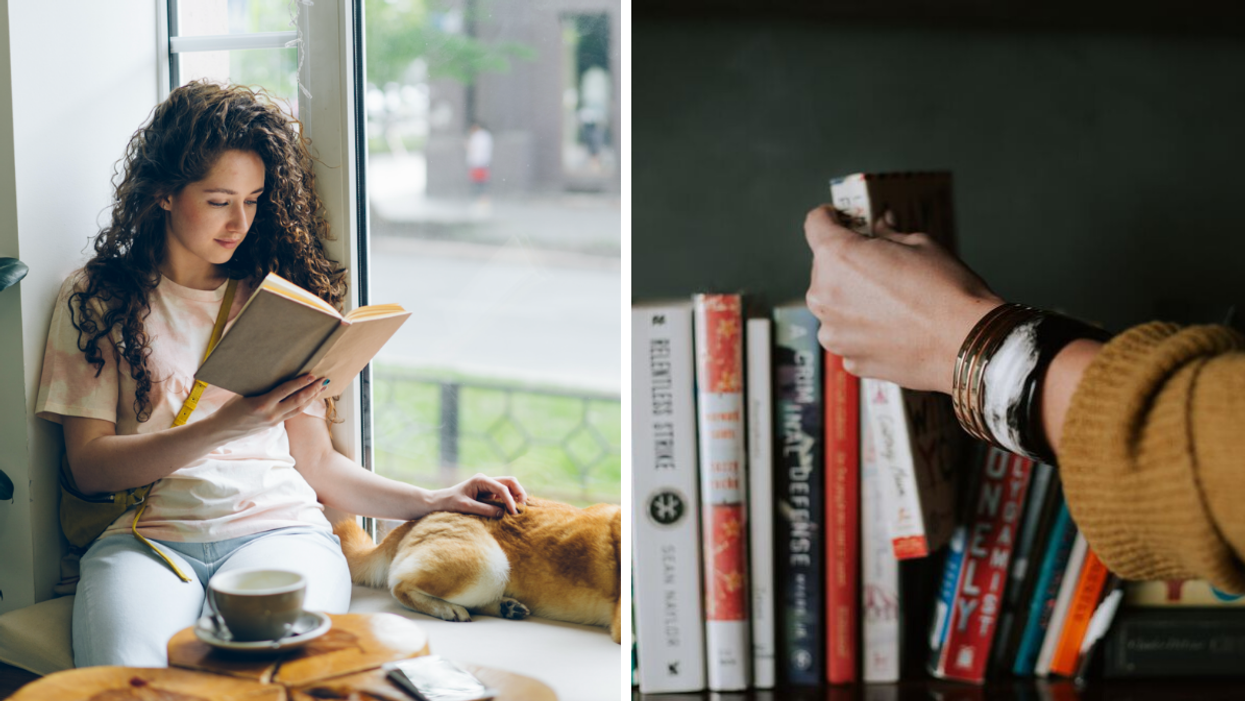 A woman reading a book. Right: A person picking a book from a shelf.