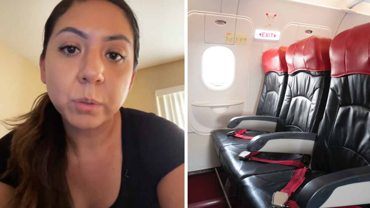 A woman recalling the story. Right: Airplane seats.
