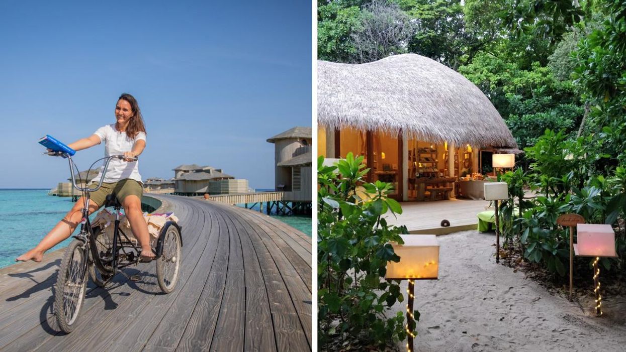 A woman riding a bike on an resort holding a book. Right: One of the bookshops by Ultimate Library.