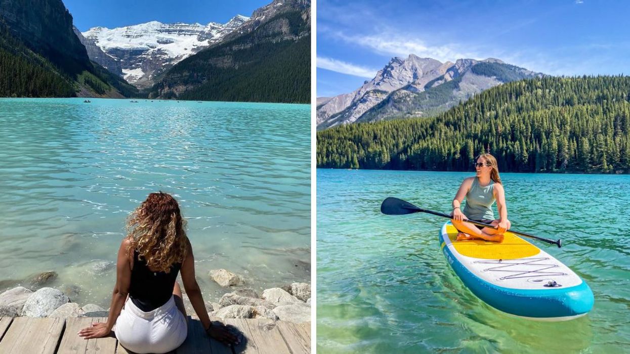 A woman sat by Lake Louise. Right: A woman paddleboarding at Two Jack Lake.