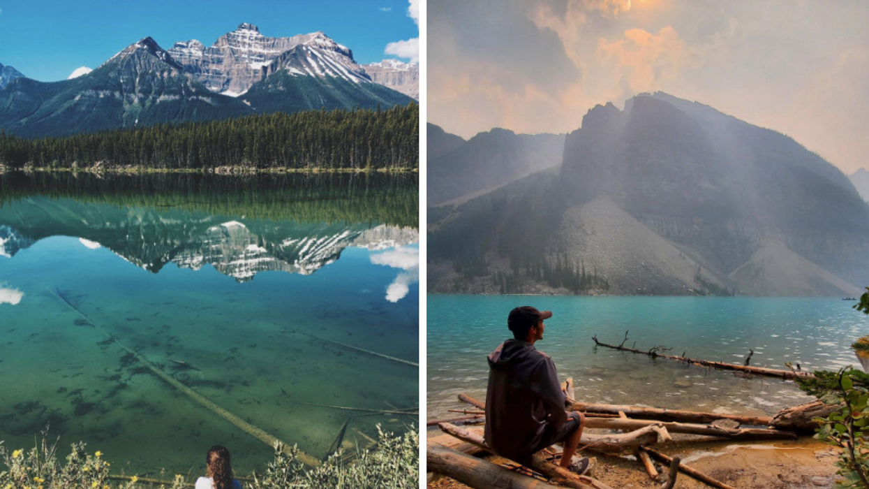 A woman sat looking at the mountains overlooking Herbert Lake. Right: A man sits on a log looking at Consolation Lakes.