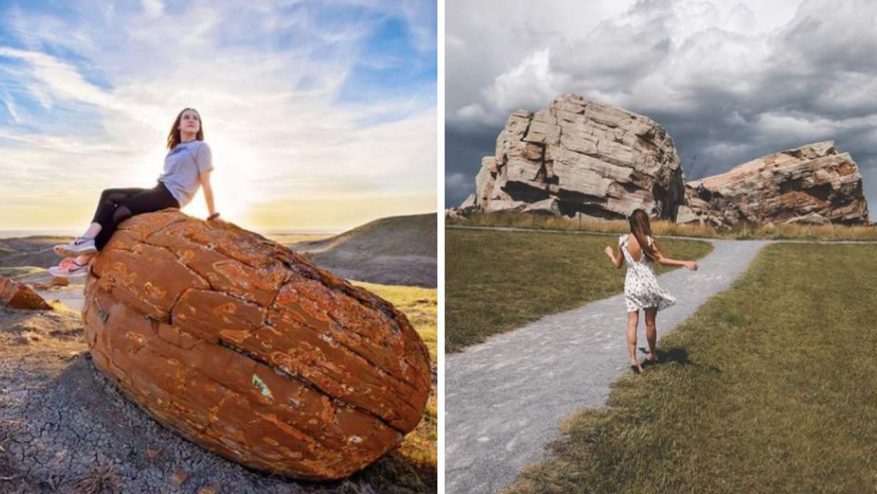A woman sat on a boulder at Red Rock Coulee. Right: A woman walks towards the Okotoks Erratic.