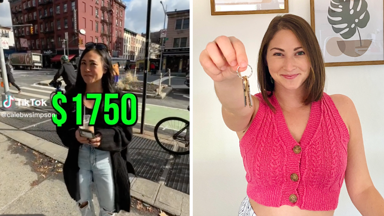 A woman saying how much rent she pays. Right: Associate Editor, Jenna Kelley, holding up keys.