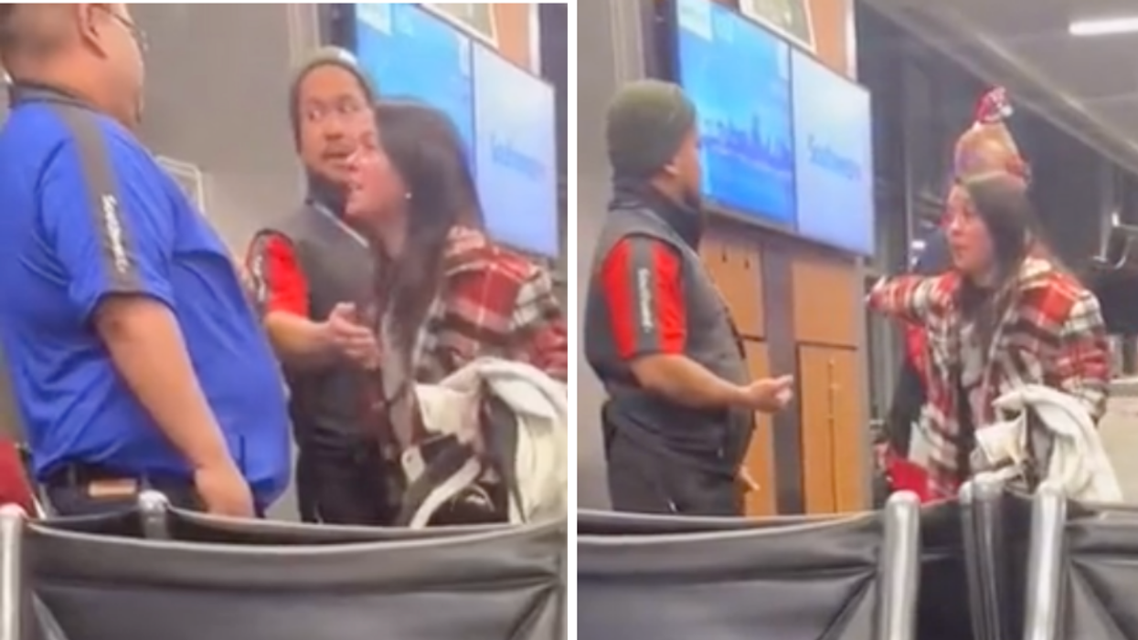 A woman screaming at Southwest employees. Right: A woman screaming at a Southwest employee.