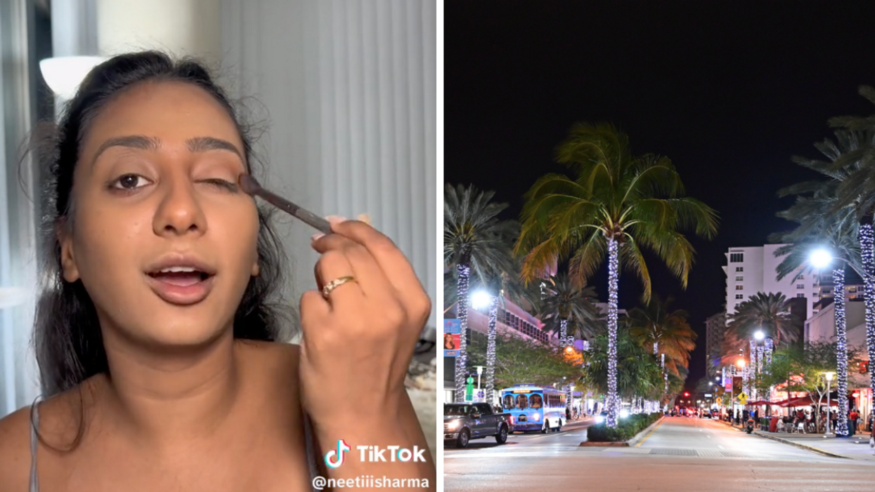 A woman sharing her experience in Miami. Right: Miami nightlife.