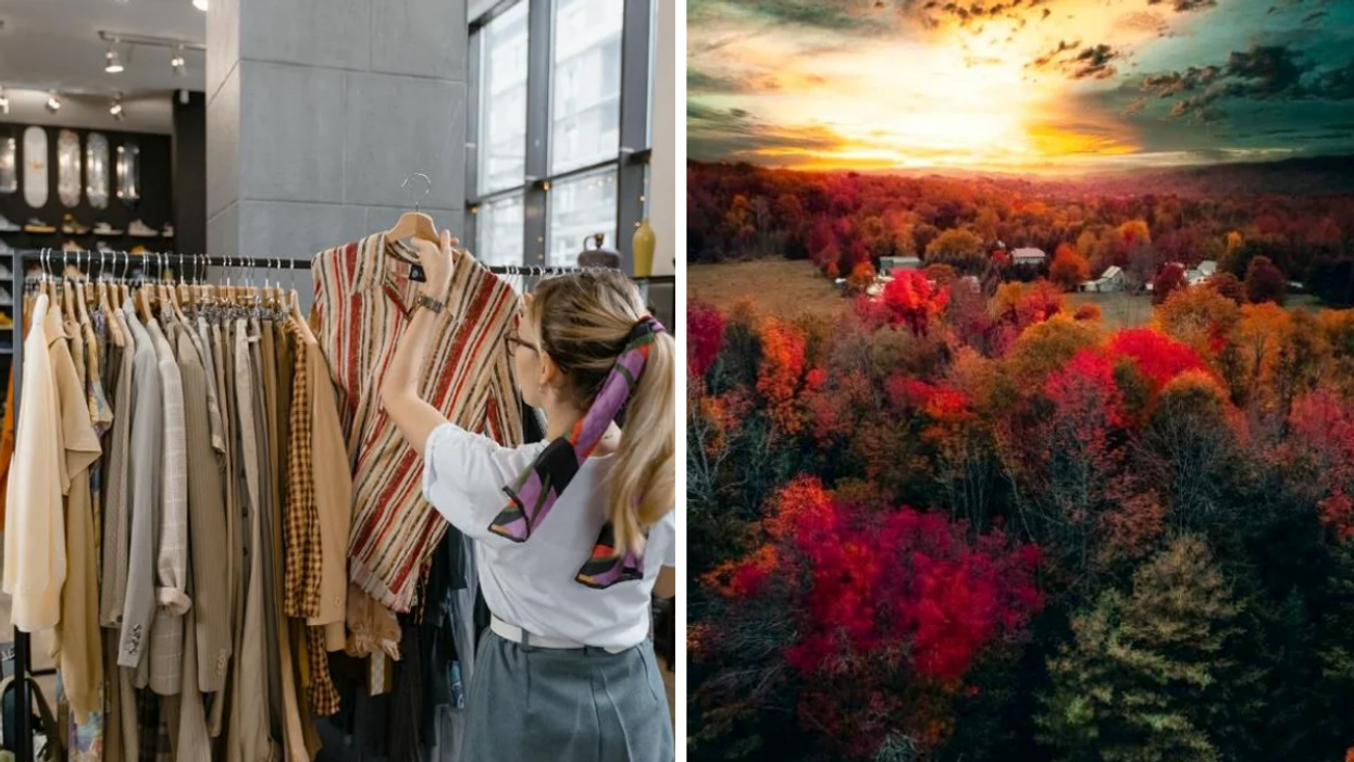 A woman shopping for clothes. Right: A town surrounded by trees with changing leaves.