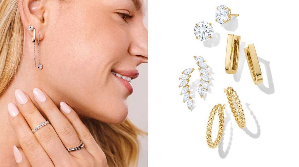 A woman shows off multiple piercings in her ear, each with a different ring. Right: A collection of different earring styles.