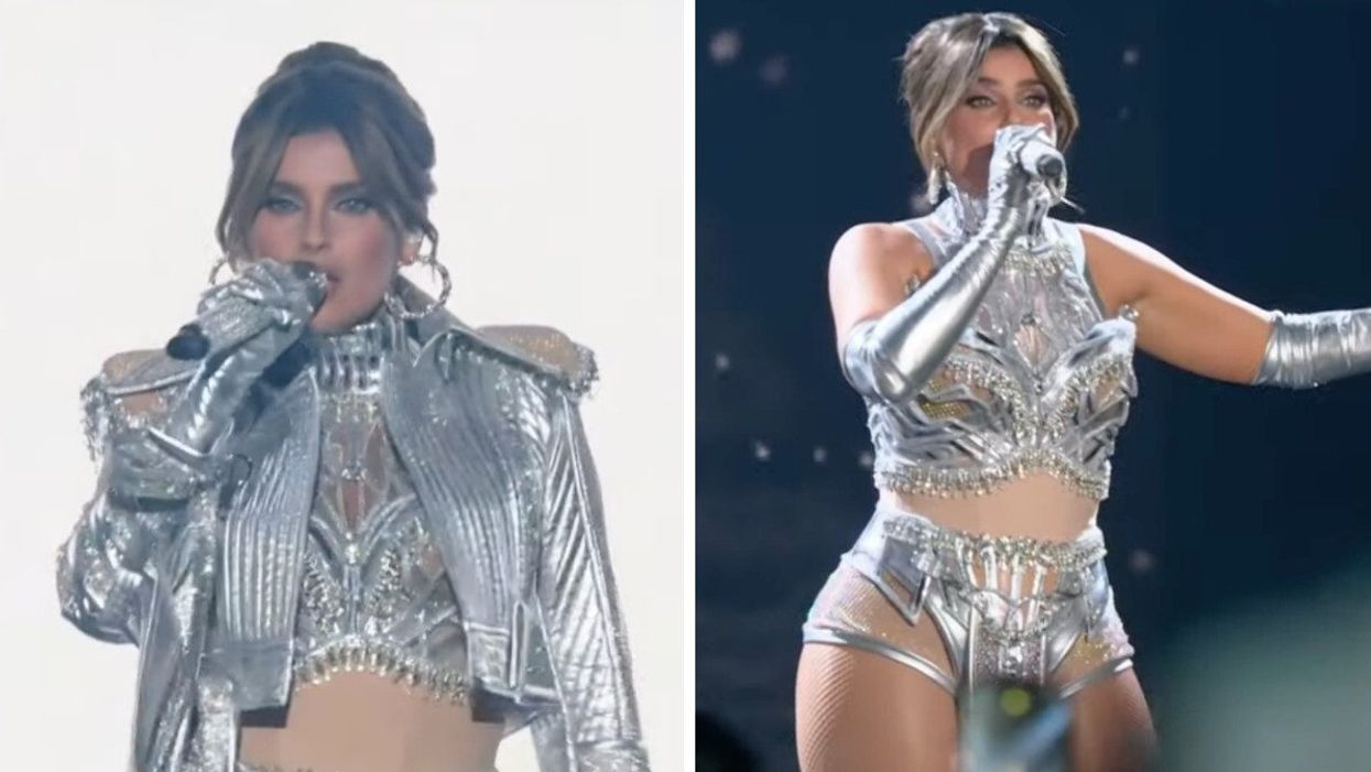 A woman singing into a microphone in a silver outfit. Right: A woman performing in an all-silver outfit at the 2024 JUNO Awards.