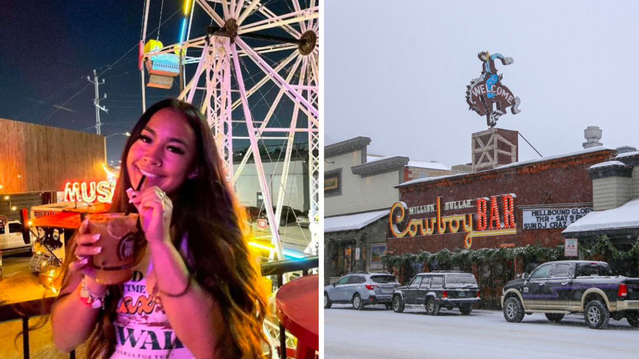 A woman sipping a cocktail at a Houston, TX bar. Right: The exterior of a bar in Wyoming.