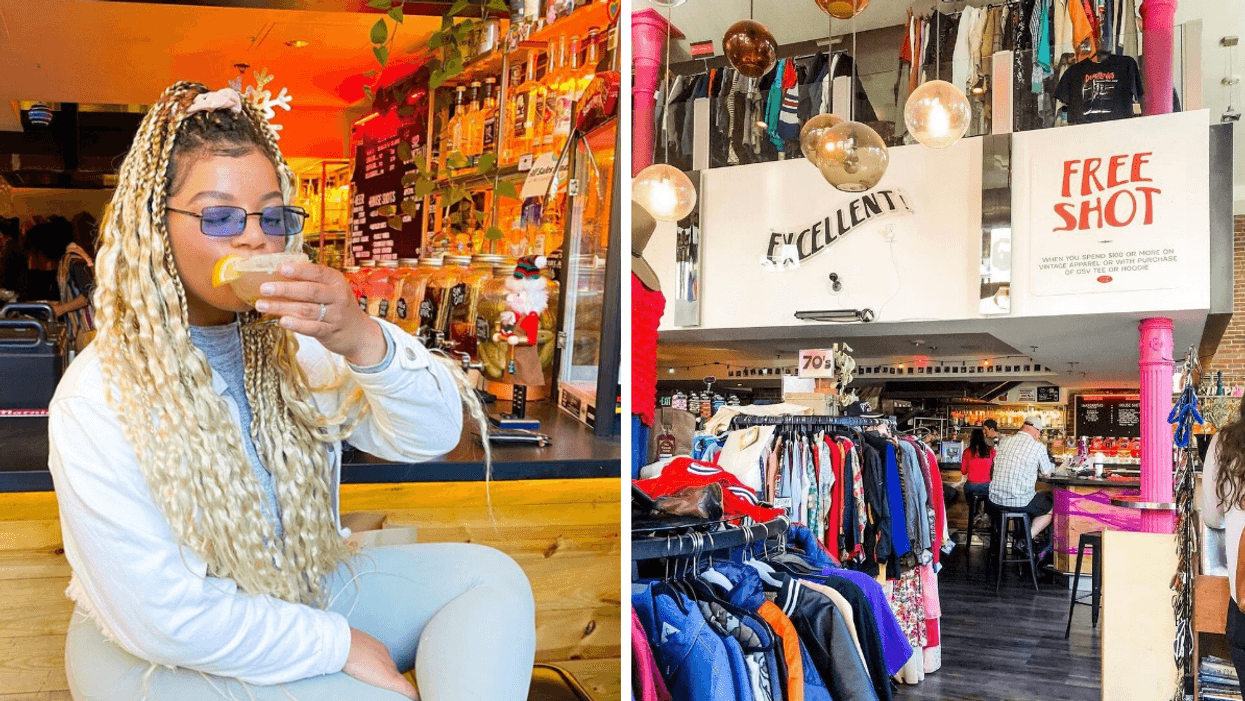 A woman sipping a cocktail from Garage Sale Vintage. Right: The clothing shop and bar area inside Garage Sale Vintage.
