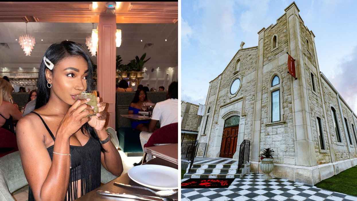 A woman sipping a cocktail in Holly Blue. Right: The outside of the church.