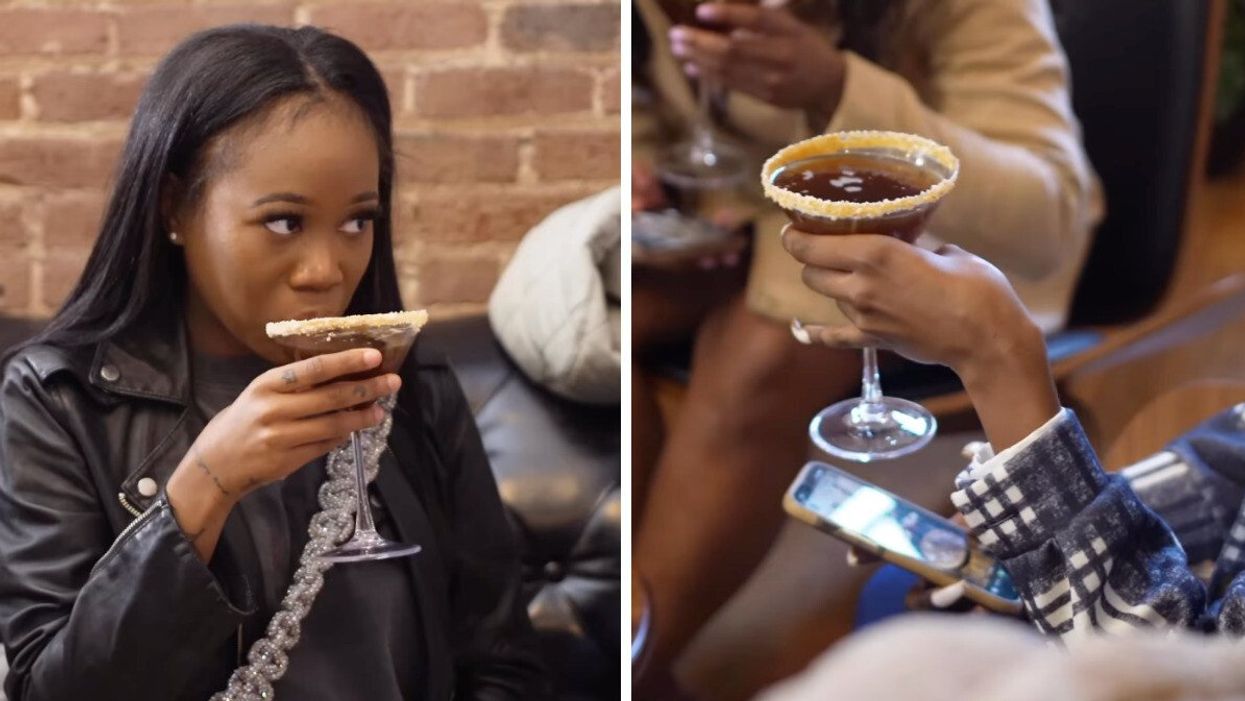 A woman sipping a mocktail at The Sober Social in Atlanta, GA. Right: A person holding a booze-free drink.
