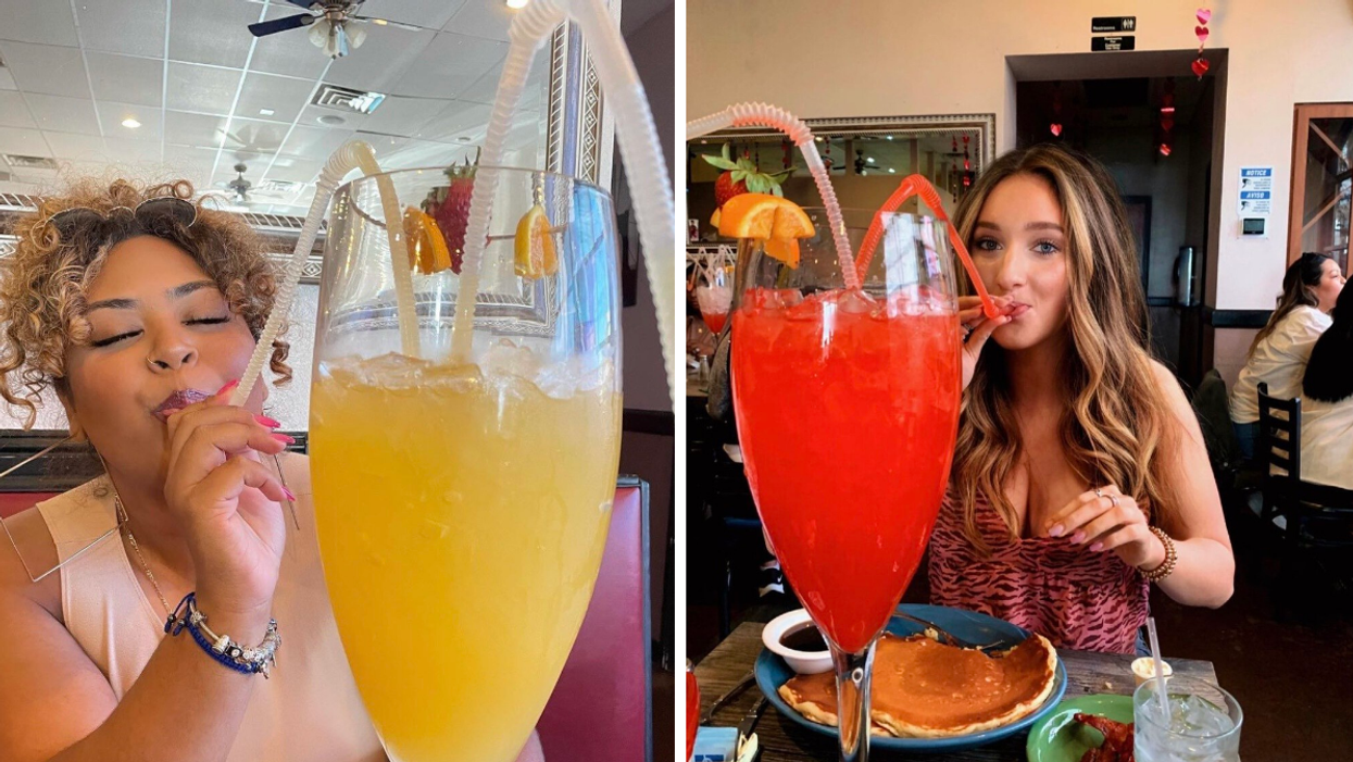 A woman sipping from a yellow colored drink. Right: A woman drinking a red colored drink.