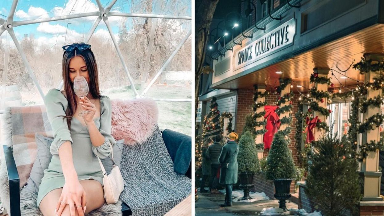 A woman sipping on wine. Right: Abbotsford shop storefront.
