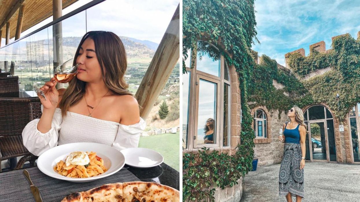 A woman sipping wine at a winery. Right: A woman looking at a castle winery.