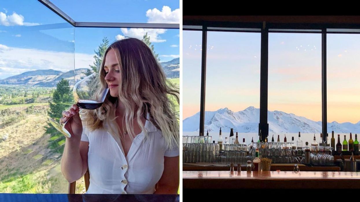 A woman sipping wine at Miradoro Restaurant. Right: Eagle's Eye Restaurant.