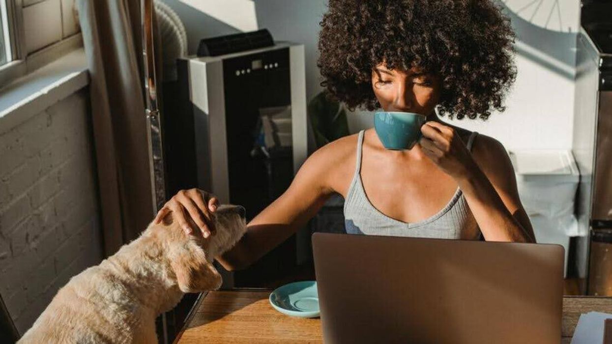 A woman sips coffee in front of a laptop while petting a dog.
