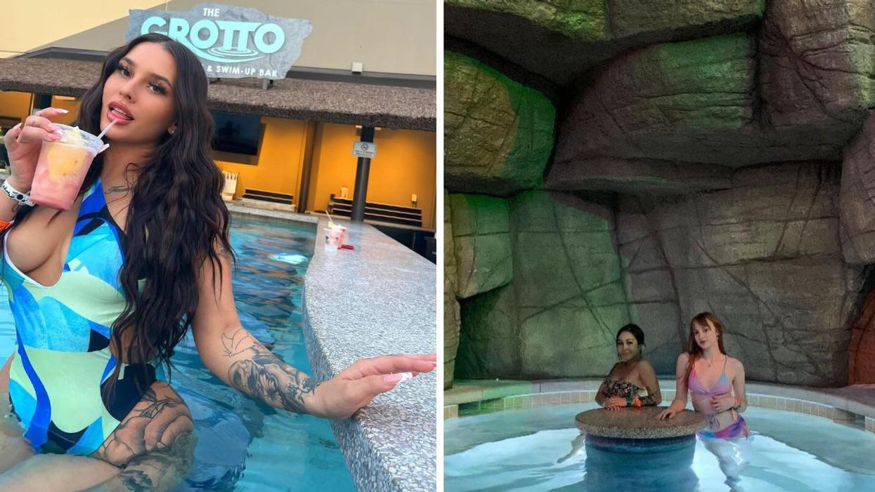 A woman sips on a beverage at The Grotto swim-up bar. Right: Two women sitting inside The Grotto.