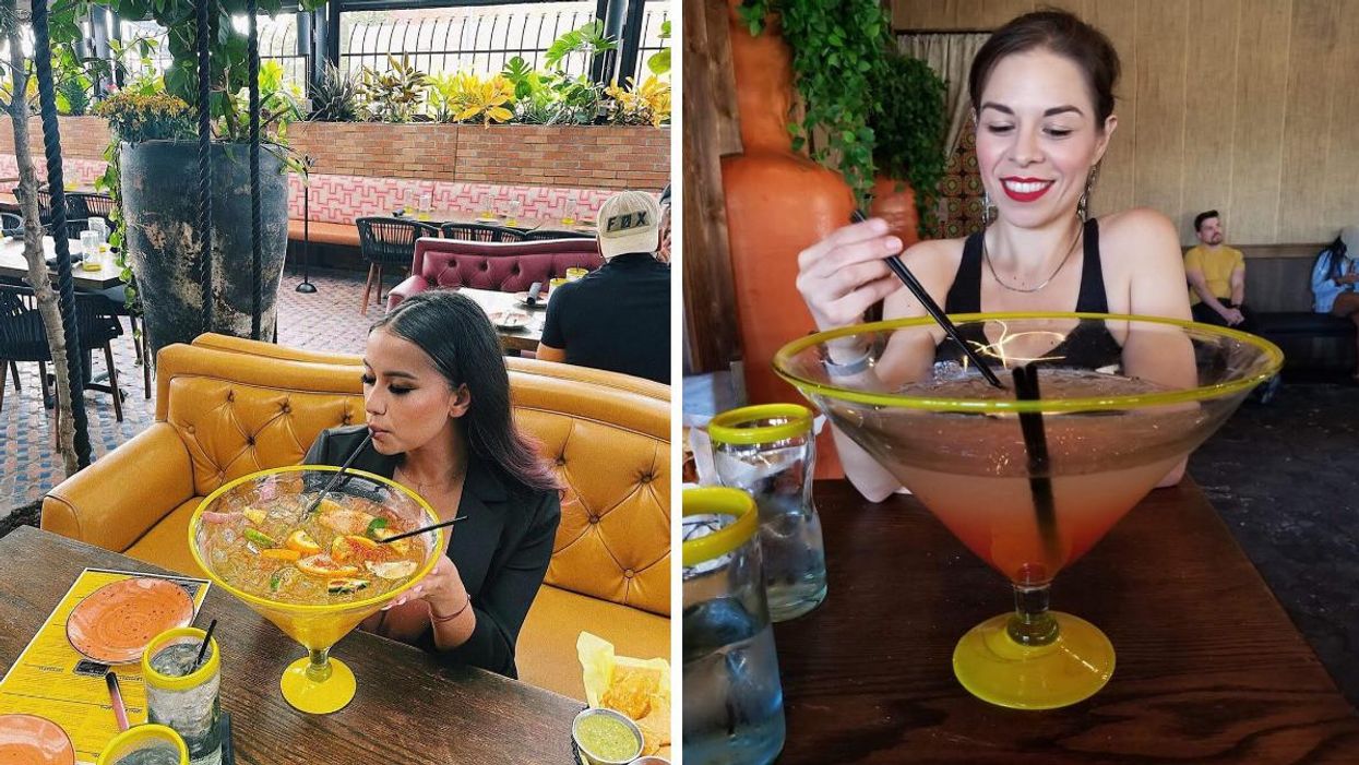 A woman sips on one of Vidorra's margaritas. Right: A woman look at a margarita.