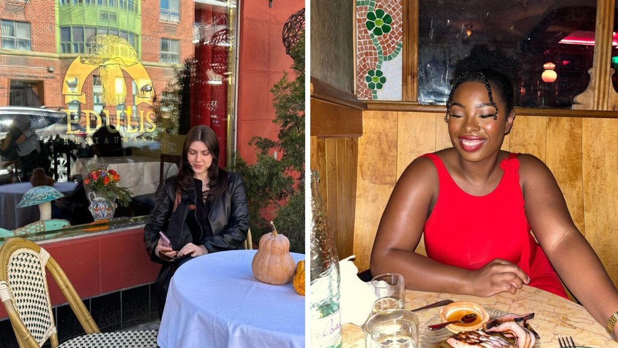 A woman sits at a table outside Edulis, Toronto. Right: A woman smiles while sitting at a table inside Bar Isabel, Toronto.