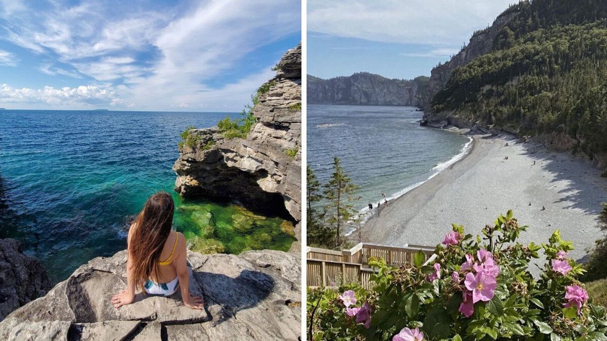 A woman sits at the Grotto in Tobermory. Right: A beach at Cap Bon Ami in Quebec.