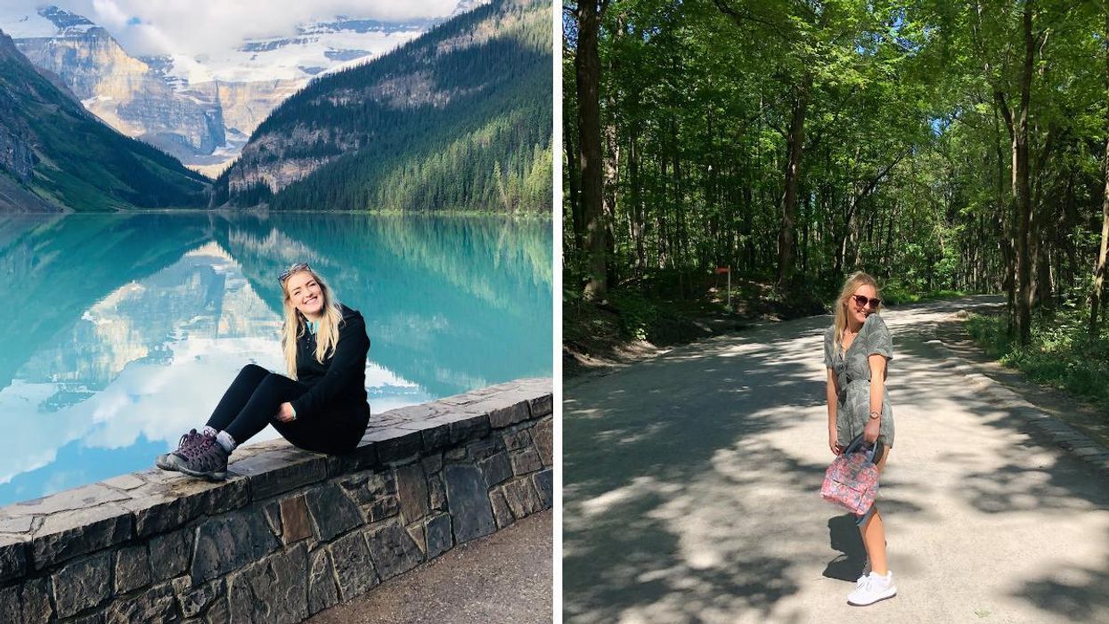 A woman sits beside Lake Louise. Right: A woman poses beside trees.